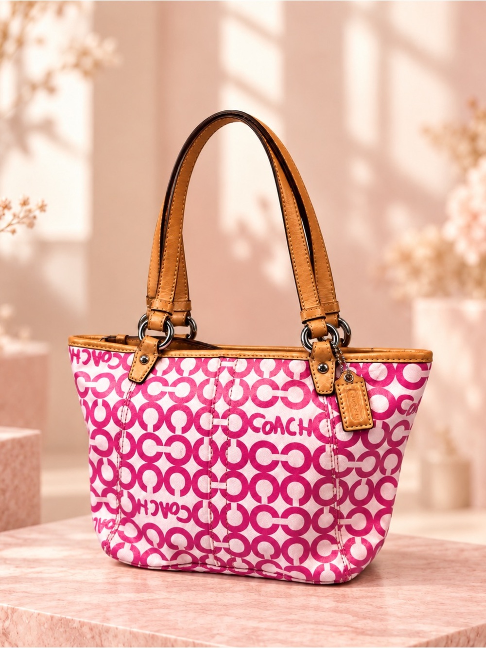 Coach Leah Pink Op Art Signature Coated Canvas Tote